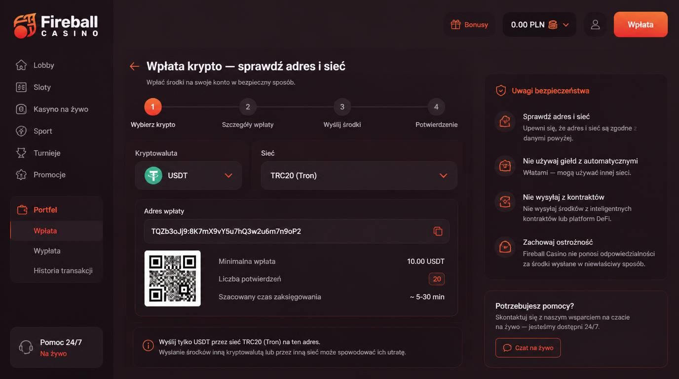 Bezpieczna wpłata krypto, potwierdzenie adresu i sieci.