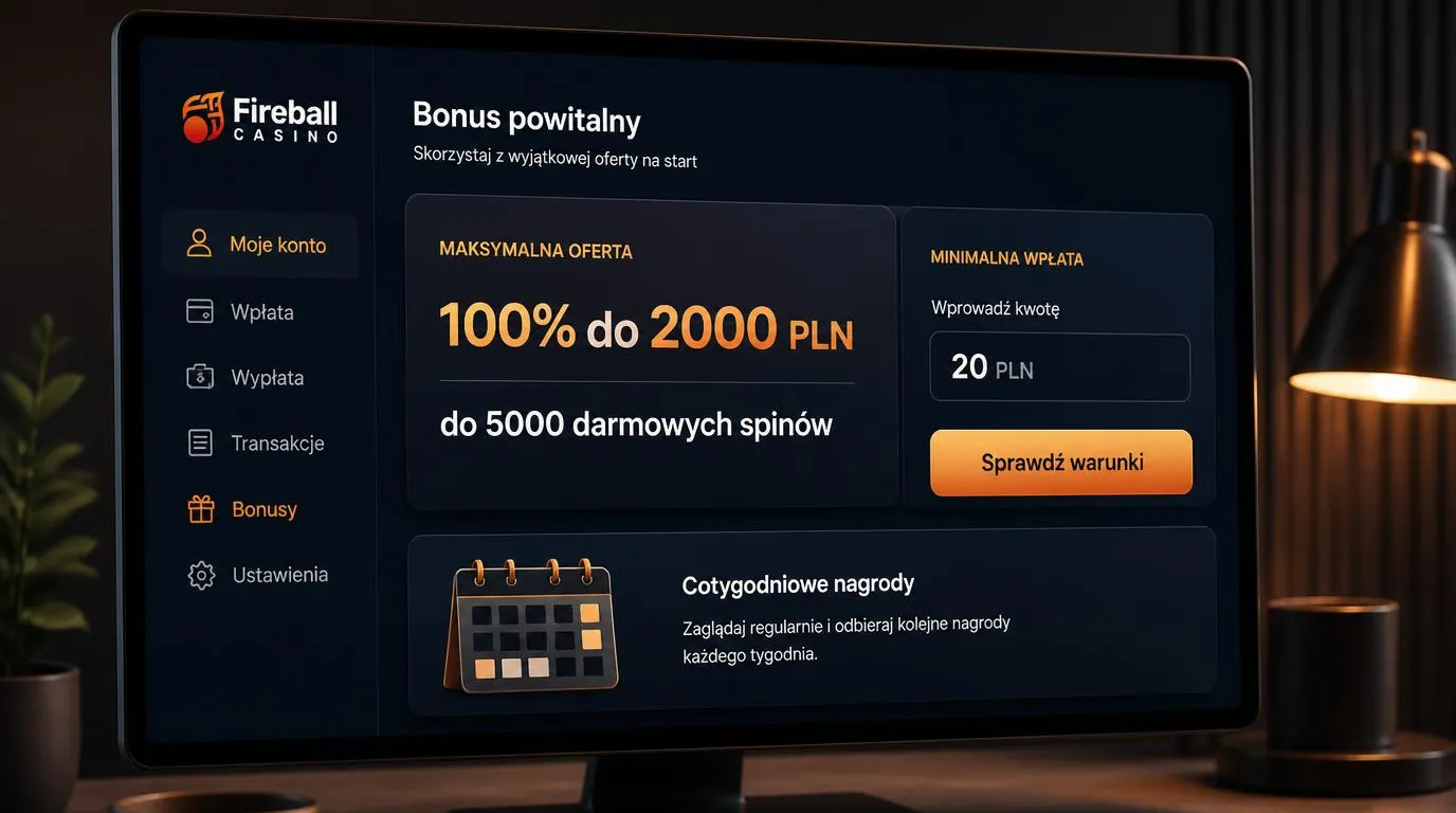 Panel bonusu powitalnego z ofertą 100% do 2000 PLN, darmowymi spinami i minimalnym depozytem 20 PLN